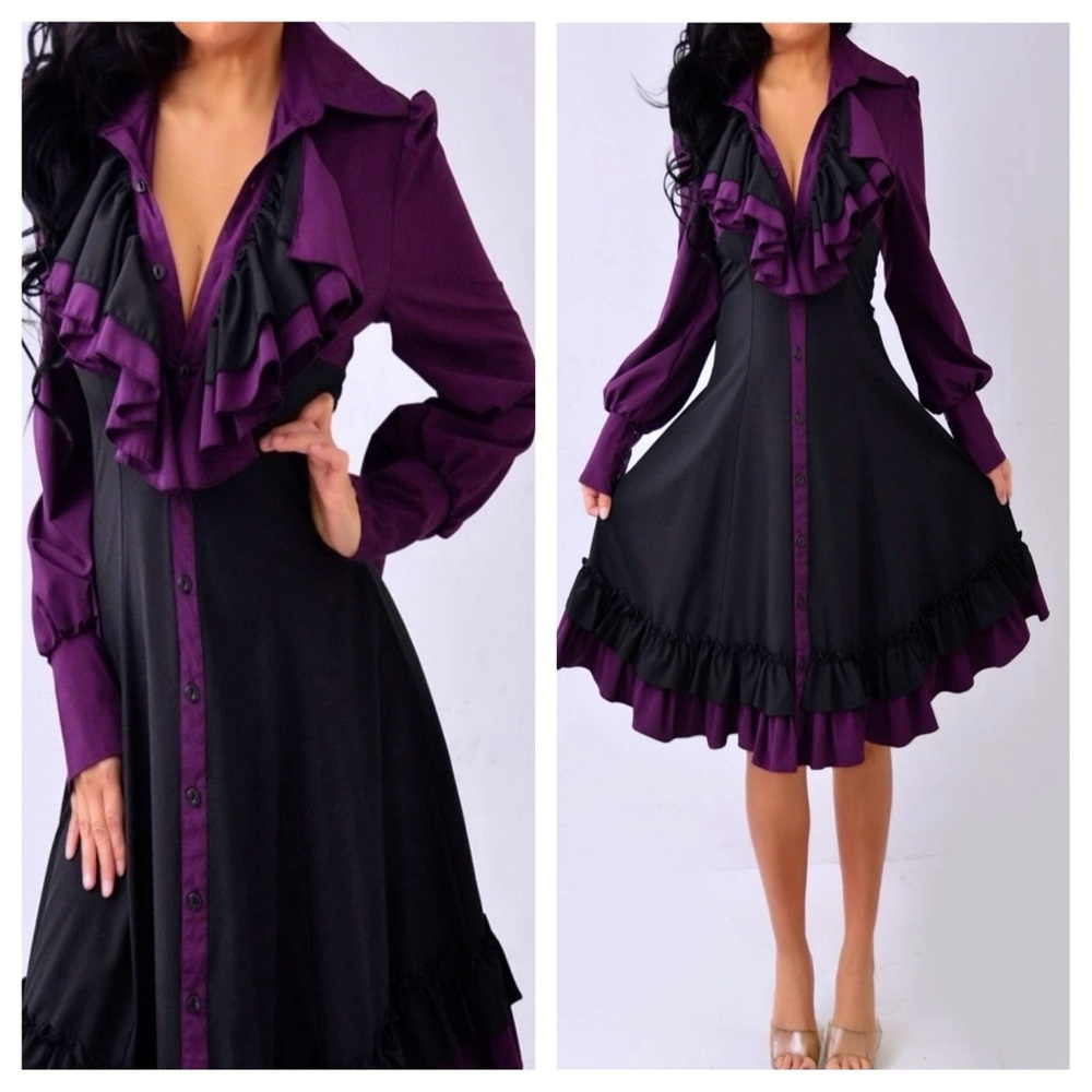 Chic Long Sleeve Purple and Black Dress